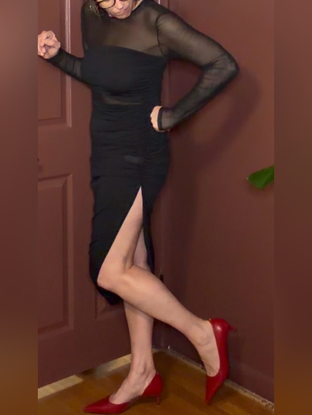 Sheer-Panel Black Midi Dress with Side Slit